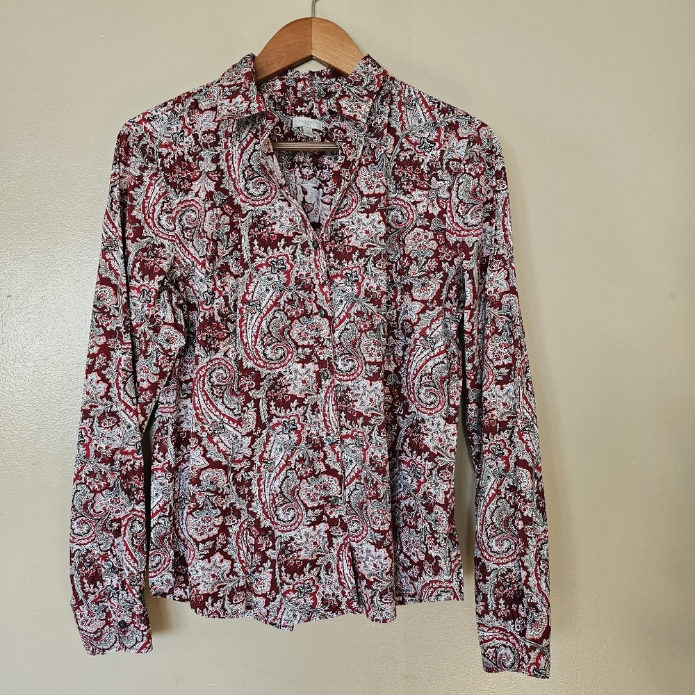 Talbots Burgundy Paisley Popover Blouse Sz 14 Cotton Stretch Scarf Print Office